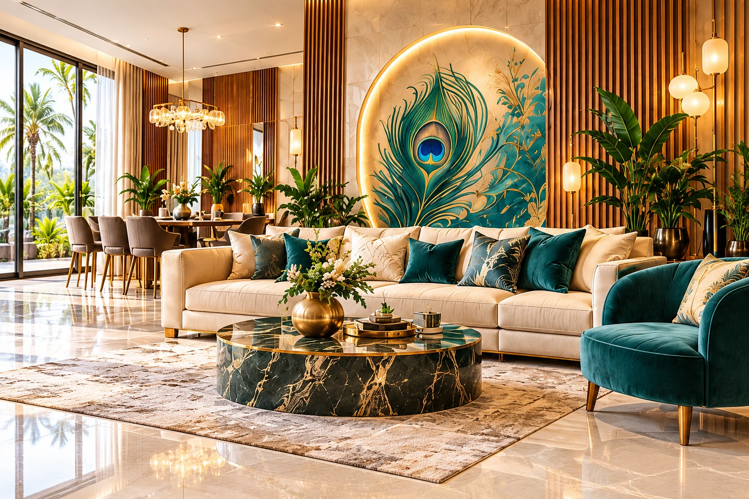 Complete living room with a peacock mural, cream sofa, teal armchair and marble coffee table